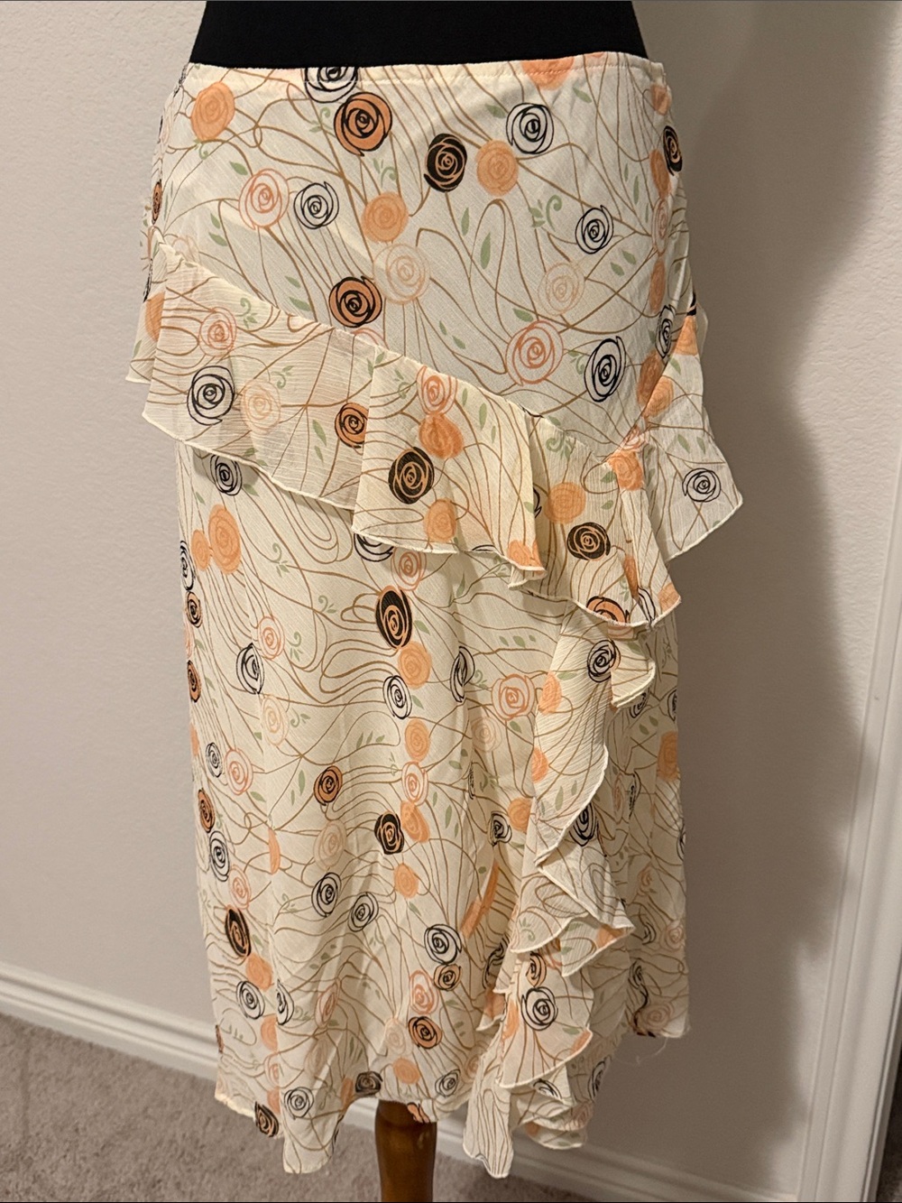Cream Floral Ruffle Midi Skirt with Peach & Black Accents